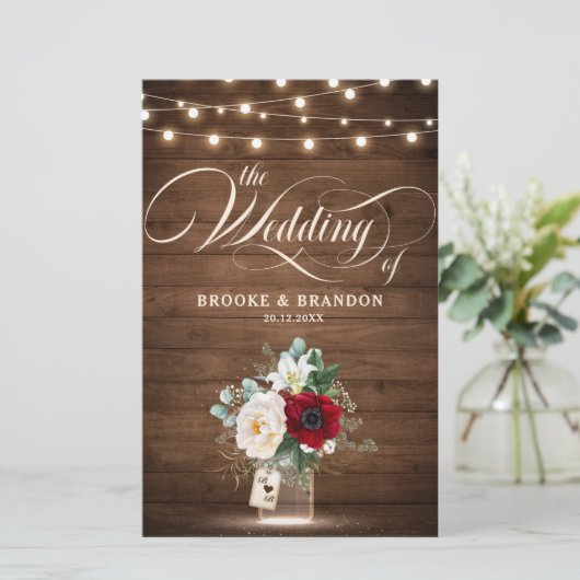 Rustic Burgundy Floral Mason Jar Wedding Program (Stehend Vorderseite)