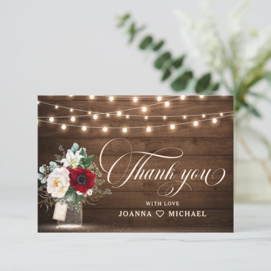 Rustic Burgundy Floral Mason Jar Wedding Vielen Da Dankeskarte (Stehend Vorderseite)