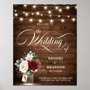 Rustic Burgundy Floral Mason Jar Wedding Willkomme Poster