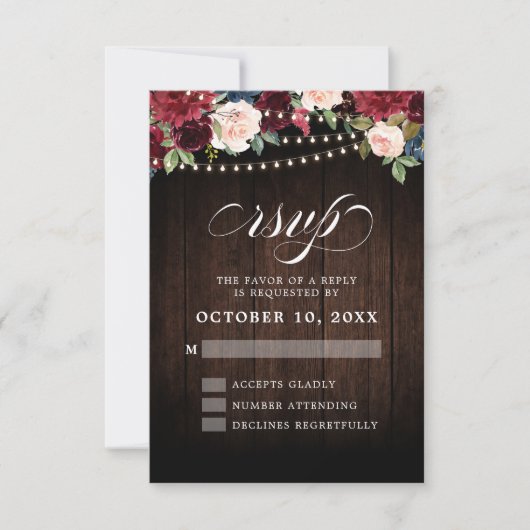 Rustic Burgundy Floral String Light Wedding RSVP Karte (Vorderseite)