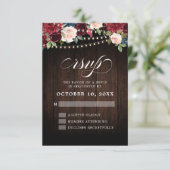 Rustic Burgundy Floral String Light Wedding RSVP Karte (Stehend Vorderseite)