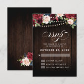 Rustic Burgundy Floral String Light Wedding RSVP Karte (Vorne/Hinten)