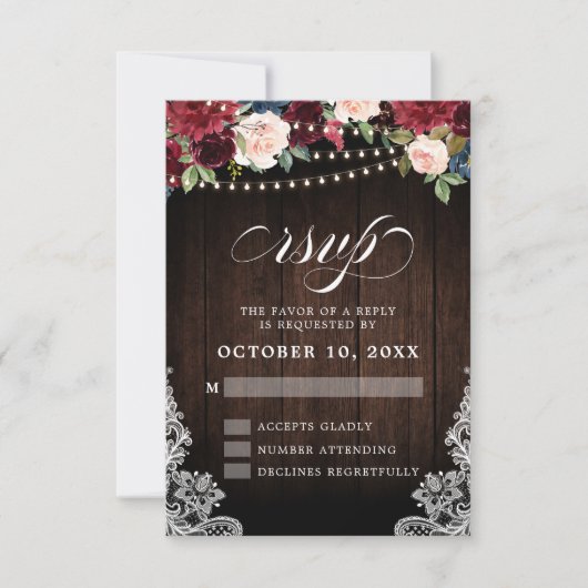 Rustic Burgundy Floral String Light Wedding RSVP Karte (Vorderseite)