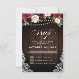 Rustic Burgundy Floral String Light Wedding RSVP Karte