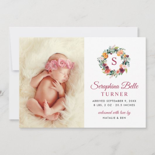 Rustic Burgundy Floral Wreath Monogram Foto Birge Ankündigung (Vorderseite)