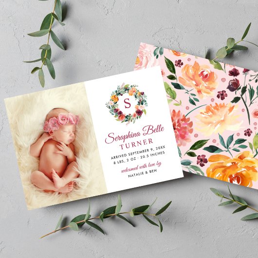 Rustic Burgundy Floral Wreath Monogram Foto Birge Ankündigung