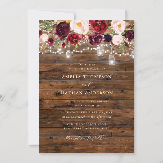 Rustic Burgundy Lights Wedding  Einladung (Vorderseite)
