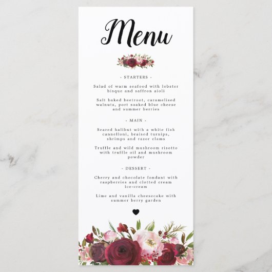 Rustic Burgundy Marsala Blush Wedding Menu Menükarte (Vorderseite)