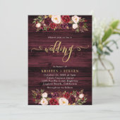 Rustic Burgundy Marsala Floral Wedding Einladung (Stehend Vorderseite)