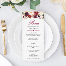 Rustic Burgundy Marsala Red Floral Wedding Menu Menükarte