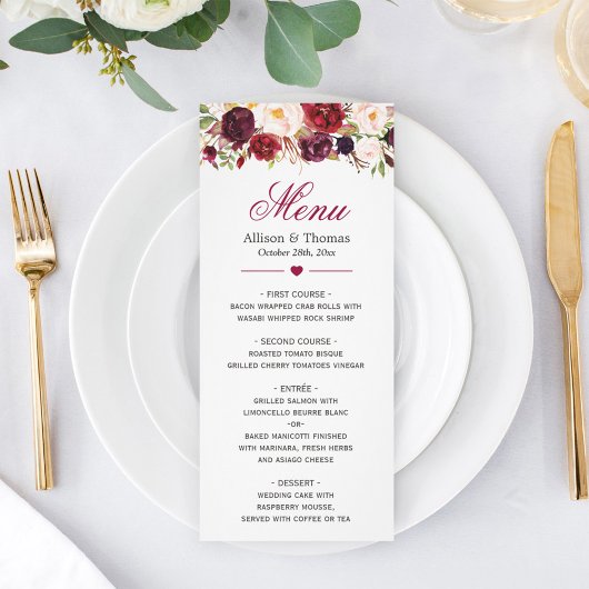 Rustic Burgundy Marsala Red Floral Wedding Menu Menükarte