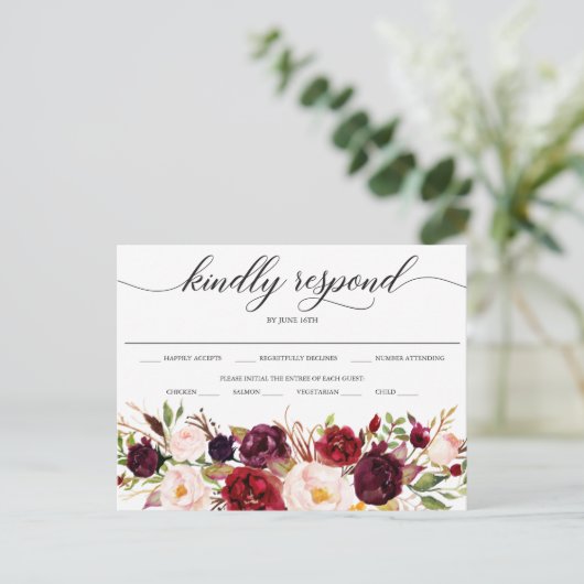 Rustic Burgundy Marsala Wedding RSVP Postcard Postkarte (Stehend Vorderseite)