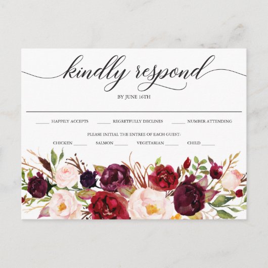Rustic Burgundy Marsala Wedding RSVP Postcard Postkarte (Vorderseite)