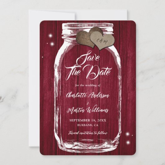 Rustic Burgundy Mason Jar Wood Wedding Save The Date (Vorderseite)