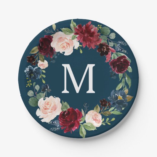 Rustic Burgundy Monogram Brautparty Paper Plate Pappteller (Vorderseite)