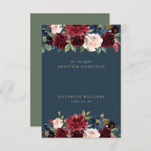 Rustic Burgundy & Navy Blue Guest Name Platzkarte (Vorne/Hinten)