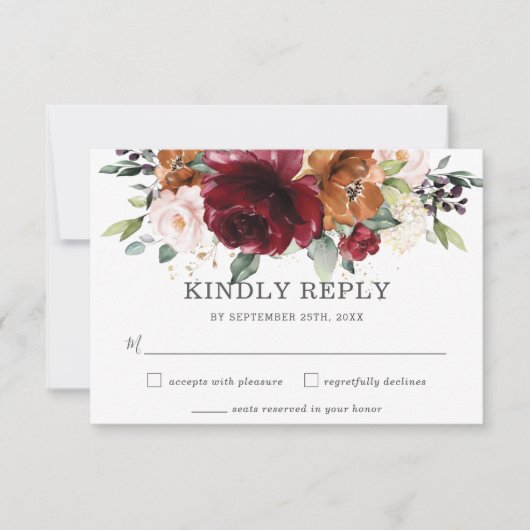 Rustic Burgundy Orange Floral Wedding RSVP Card Karte (Vorderseite)