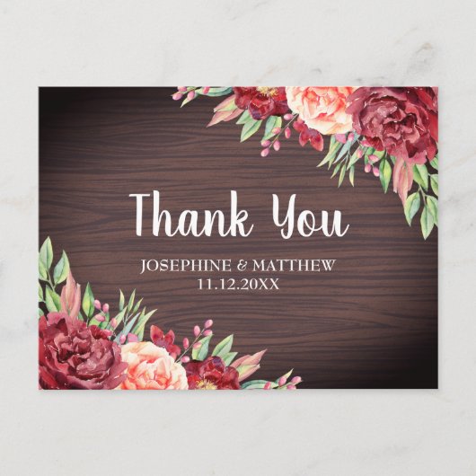 Rustic Burgundy Peach Floral Wedding Vielen Dank Postkarte (Vorderseite)