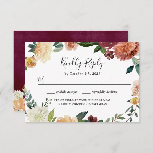 Rustic Burgundy Peach Orange Floral Wedding RSVP (Vorne/Hinten)