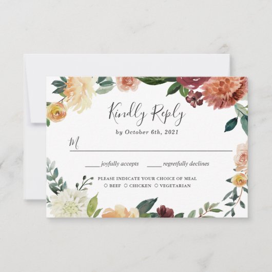 Rustic Burgundy Peach Orange Floral Wedding RSVP Karte (Vorderseite)