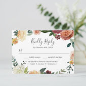 Rustic Burgundy Peach Orange Floral Wedding RSVP Karte (Stehend Vorderseite)
