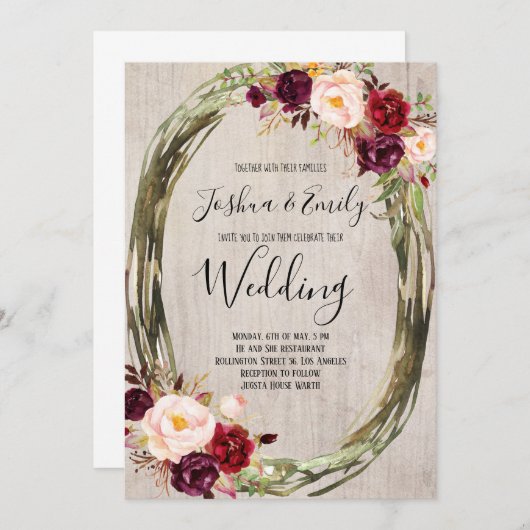 Rustic Burgundy Peony Floral Wedding Einladung (Vorne/Hinten)