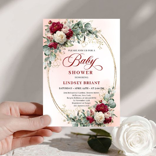 Rustic Burgundy Peony Gold Baby Shower Invite Einladung