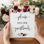 Rustic Burgundy Red Floral Guestbook Wedding Sign Poster