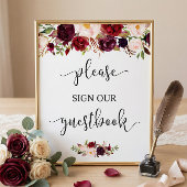 Rustic Burgundy Red Floral Guestbook Wedding Sign Poster