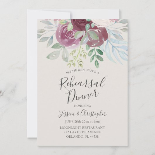 Rustic Burgundy Rose Wedding Rehearsal Dinner Einladung (Vorderseite)