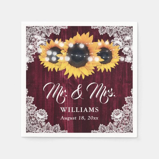 Rustic Burgundy Sonnenblume Mr. and Mrs. Wedding Serviette (Vorderseite)