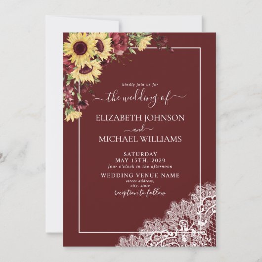 Rustic Burgundy Sunflower Wood Script Wedding Einladung (Vorderseite)
