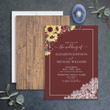Rustic Burgundy Sunflower Wood Script Wedding
