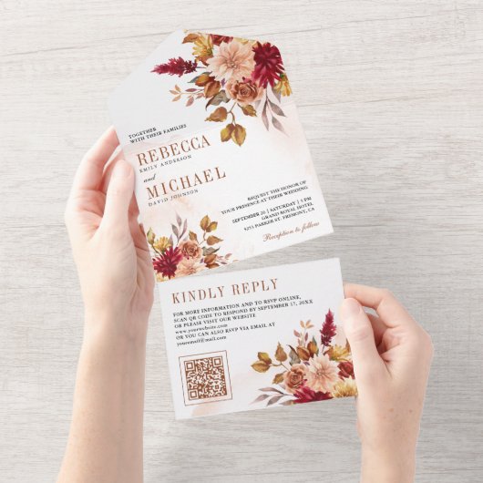 Rustic Burgundy Terracotta Floral QR Code Wedding All In One Einladung (Abreißen)