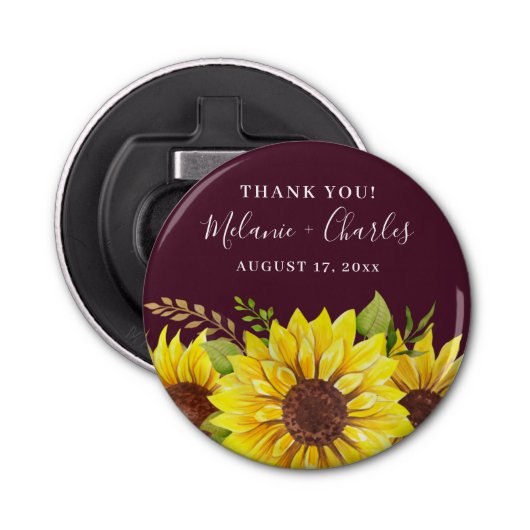 Rustic Burgundy Vielen Dank Sunflower Couple Names Flaschenöffner (Vorderseite)