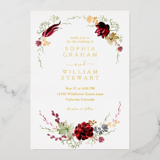 Rustic Burgundy Watercolor Floral Boho Wedding Folieneinladung (Vorderseite)