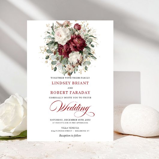 Rustic Burgundy White Floral Eucalyptus Wedding  Einladung