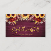 Rustic Burgundy Wood Sunflower QR Code Visitenkarte (Vorderseite)