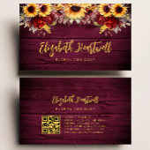 Rustic Burgundy Wood Sunflower QR Code Visitenkarte