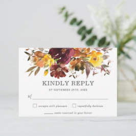 Rustic Burgundy Yellow Floral Wedding RSVP Card Karte