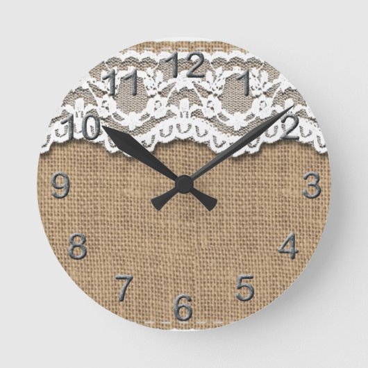 Rustic Burlap and Lace Runde Wanduhr (Vorderseite)