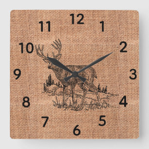 Rustic Burlap and Pencil Sketch Buck Quadratische Wanduhr