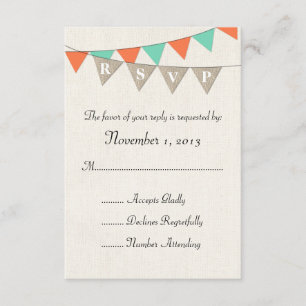 Rustic Burlap Aquamarin Orange Pennant Wedding RSV RSVP Karte
