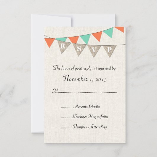 Rustic Burlap Aquamarin Orange Pennant Wedding RSV RSVP Karte (Vorderseite)