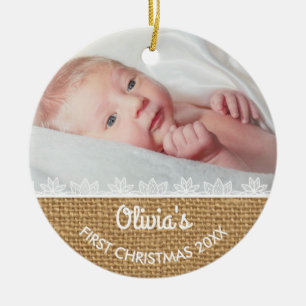 Rustic Burlap Baby's Erstes Weihnachten Keramikornament