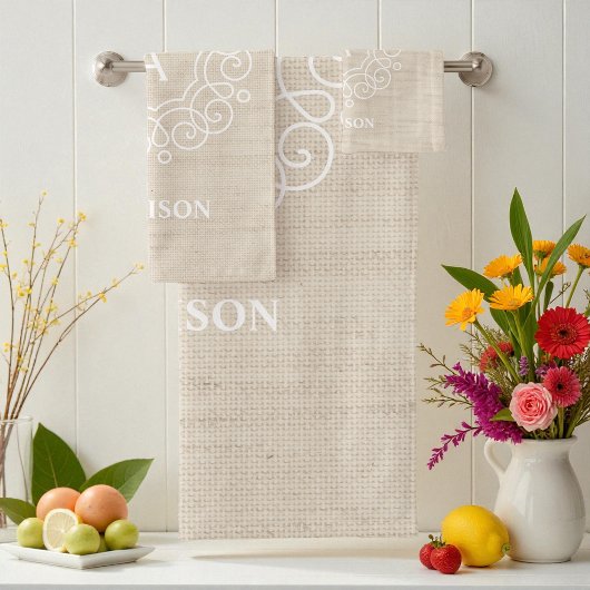 Rustic Burlap Beige Farmhouse Monogram Badhandtuch Set