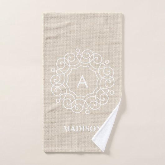Rustic Burlap Beige Farmhouse Monogram Badhandtuch Set (Handtuch)