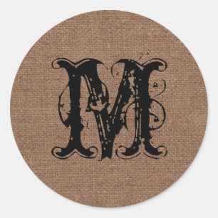 Rustic Burlap Black Monogram - Shabby Chic Runder Aufkleber