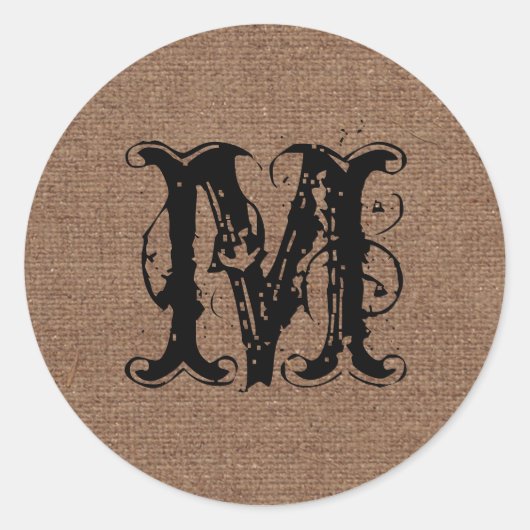 Rustic Burlap Black Monogram - Shabby Chic Runder Aufkleber (Vorderseite)