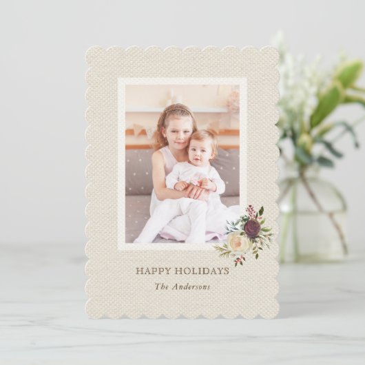 Rustic Burlap Blumenfotokarte Feiertagskarte (Stehend Vorderseite)